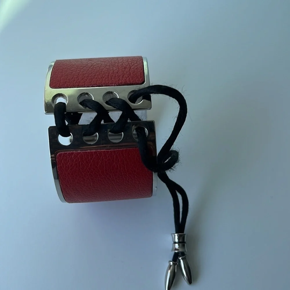Adjustable red leather and silver hinged bracelet